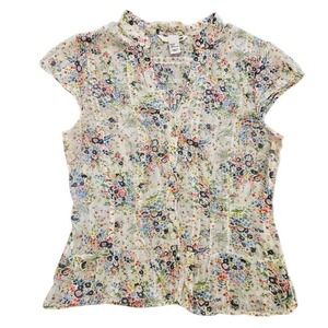 H&M Floral Cap Sleeve Button Front Blouse White Multi Color Size 8